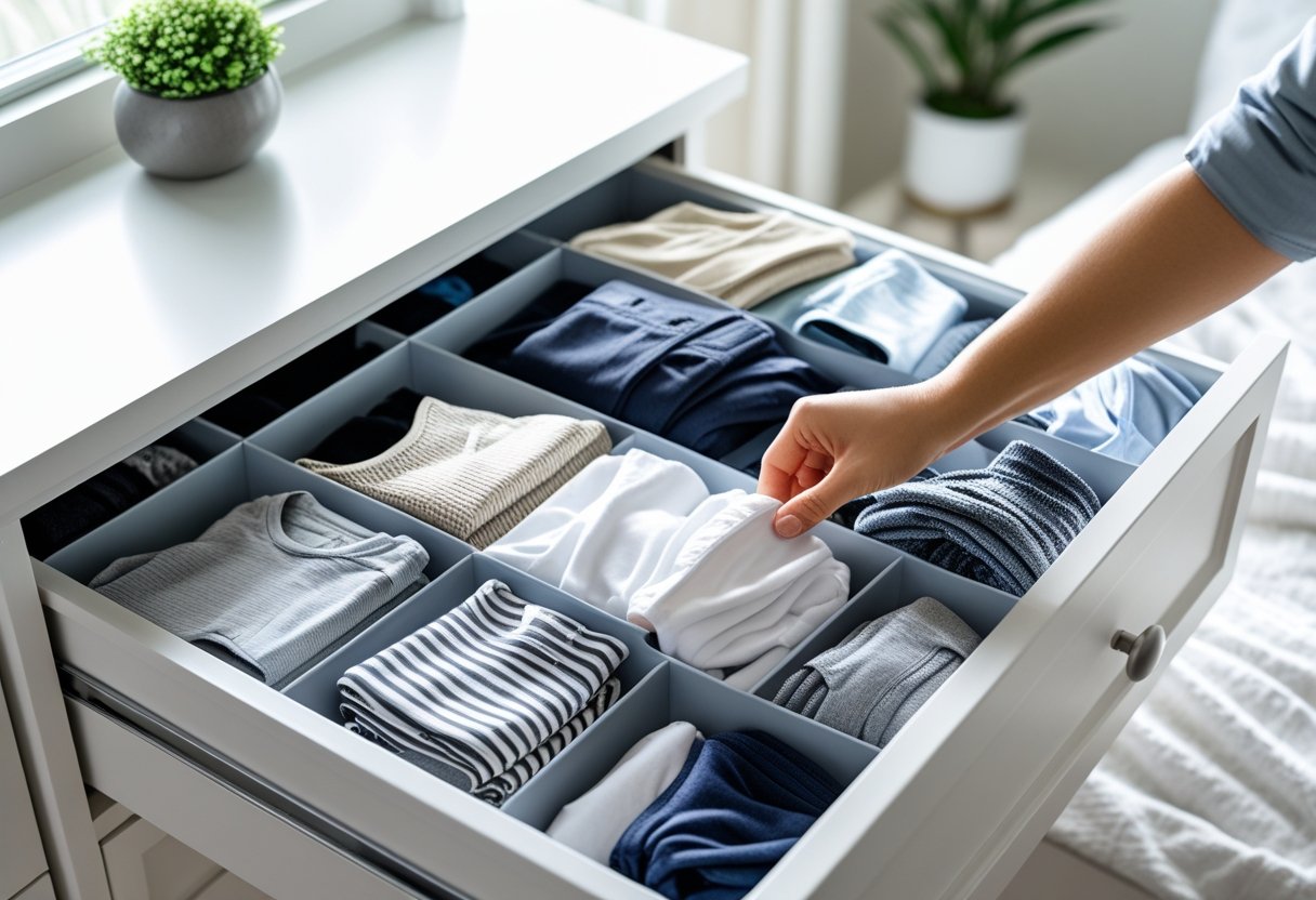 Open dresser drawer with a drawer organizer neatly holding folded clothes and a hand reaching in to select a shirt.