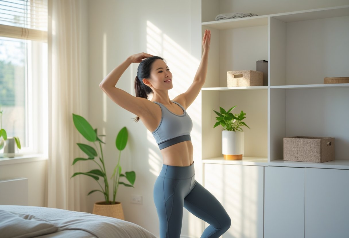A woman stretching in a bright, tidy room near a small organizing box, starting her morning routine.