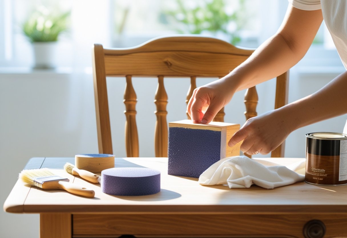 Hands sanding a wooden chair with tools and materials on a table in a bright workspace.