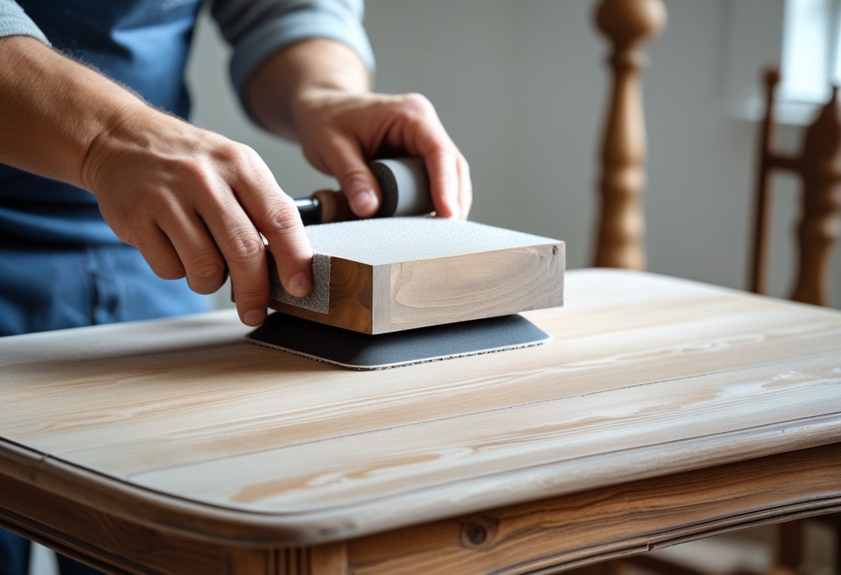 Hands sanding the surface of an old wooden furniture piece to smooth it out.