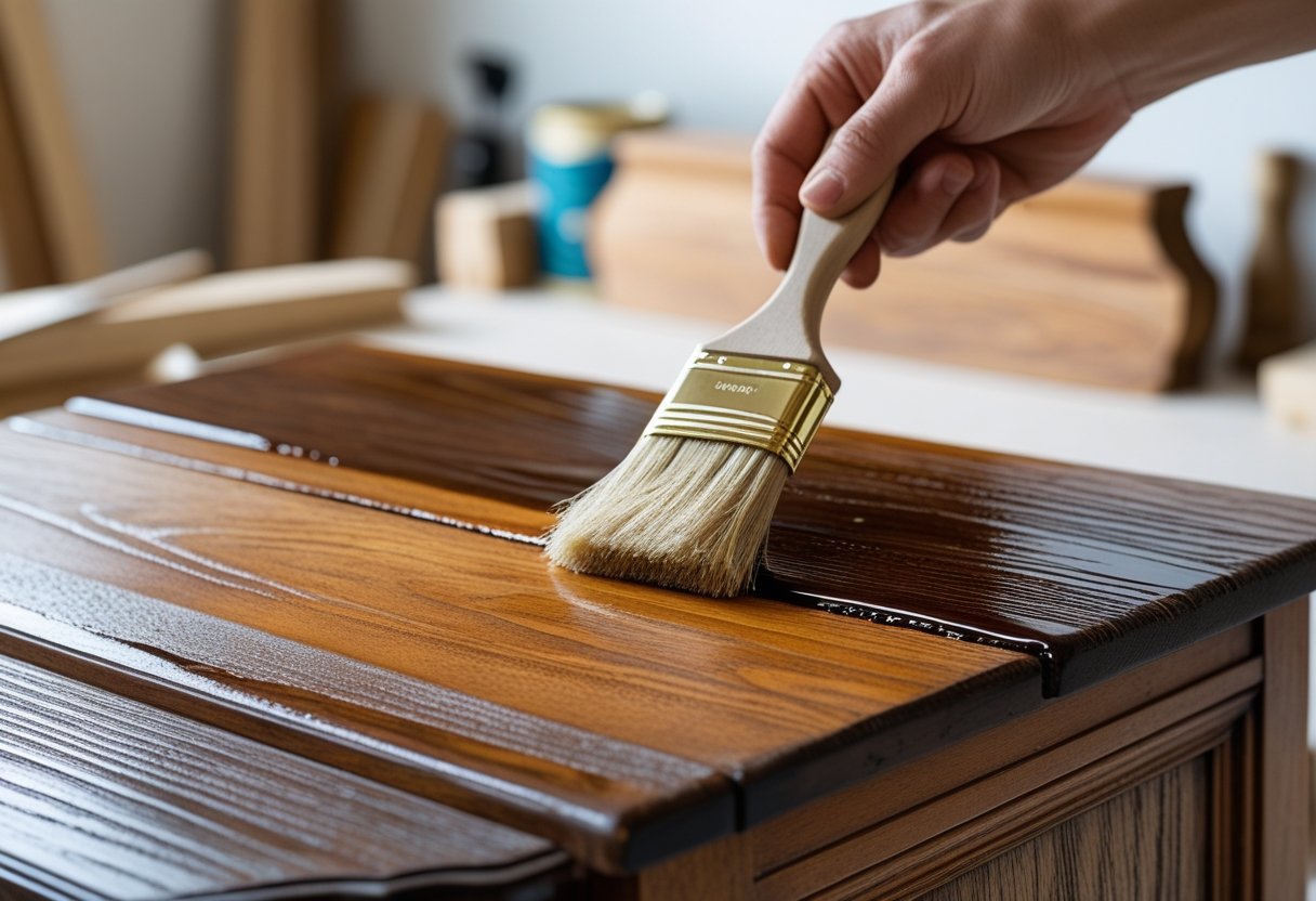 A person applying wood stain with a brush to an old wooden furniture surface, showing the difference between unstained and stained wood.