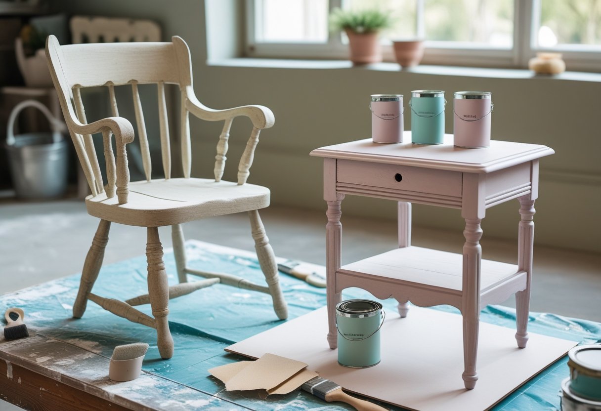 A workspace with an old wooden chair and table being painted and restored using brushes and paint supplies.