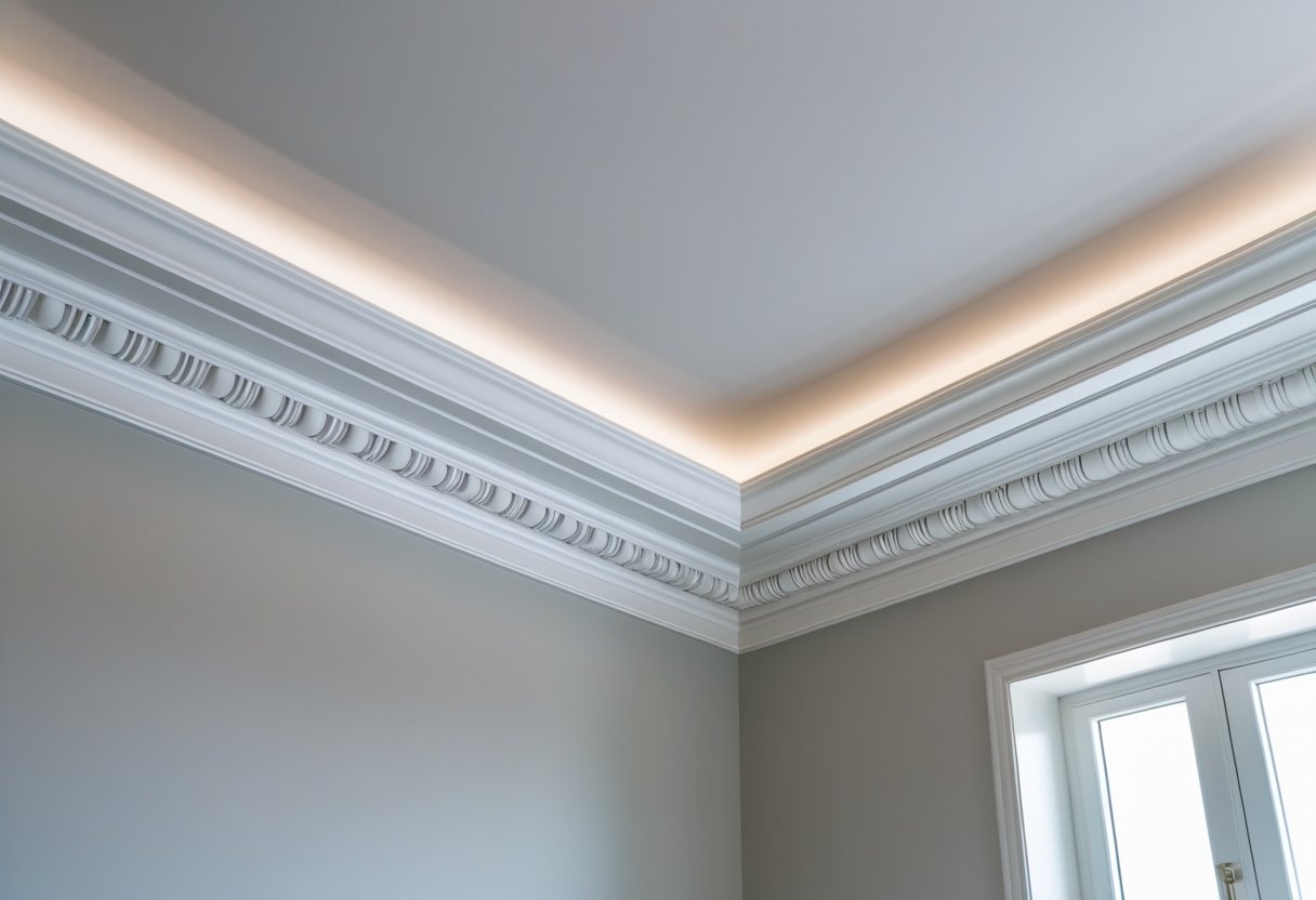 A well-lit room with detailed crown molding along the ceiling edges and simple furniture.