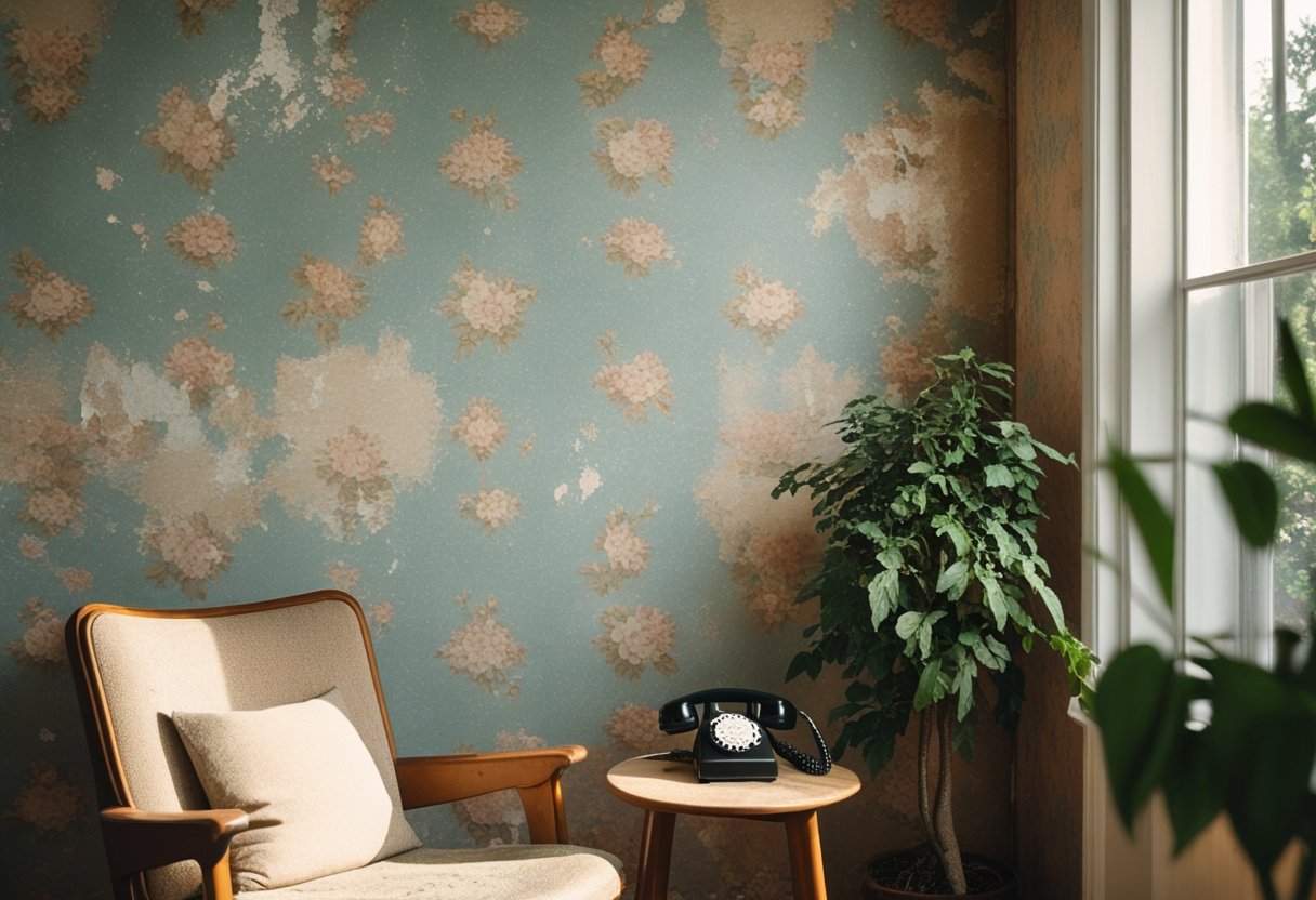 A living room corner with old floral wallpaper, a wooden armchair, a side table with a rotary phone, and a potted plant.