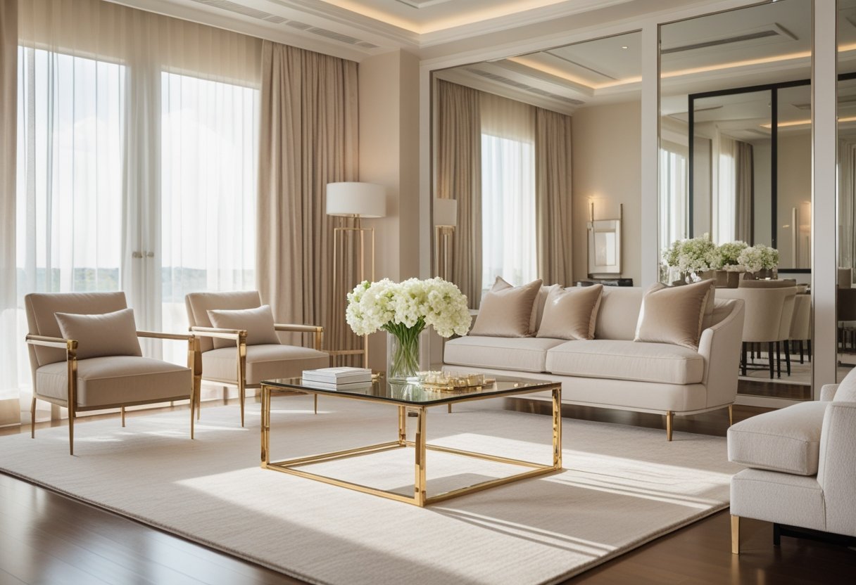 A bright and elegant living room with a sofa, armchairs, glass coffee table, and large windows letting in natural light.