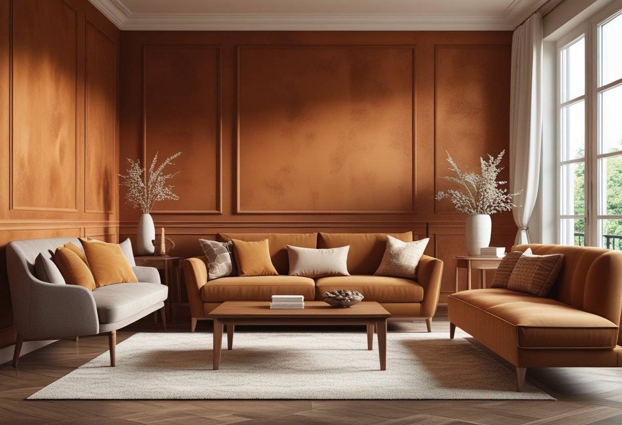 A cozy living room with warm-colored walls, modern furniture, and natural light coming through large windows.