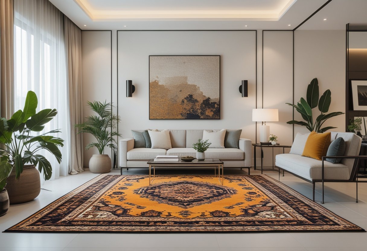 A living room with a large patterned rug, a sofa, coffee table, plants, and decorative items.