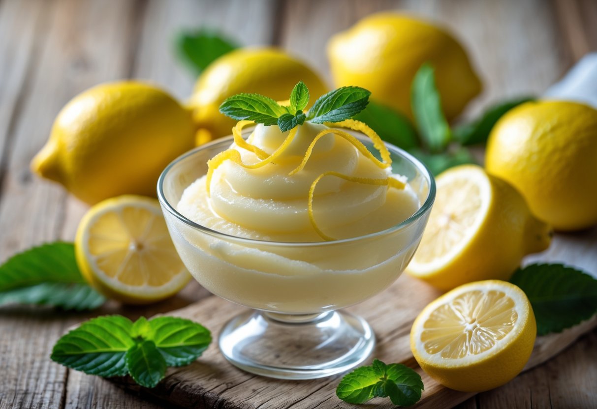 A bowl of pale yellow Sicilian lemon sorbetto garnished with lemon zest and mint, surrounded by fresh lemons on a wooden surface.