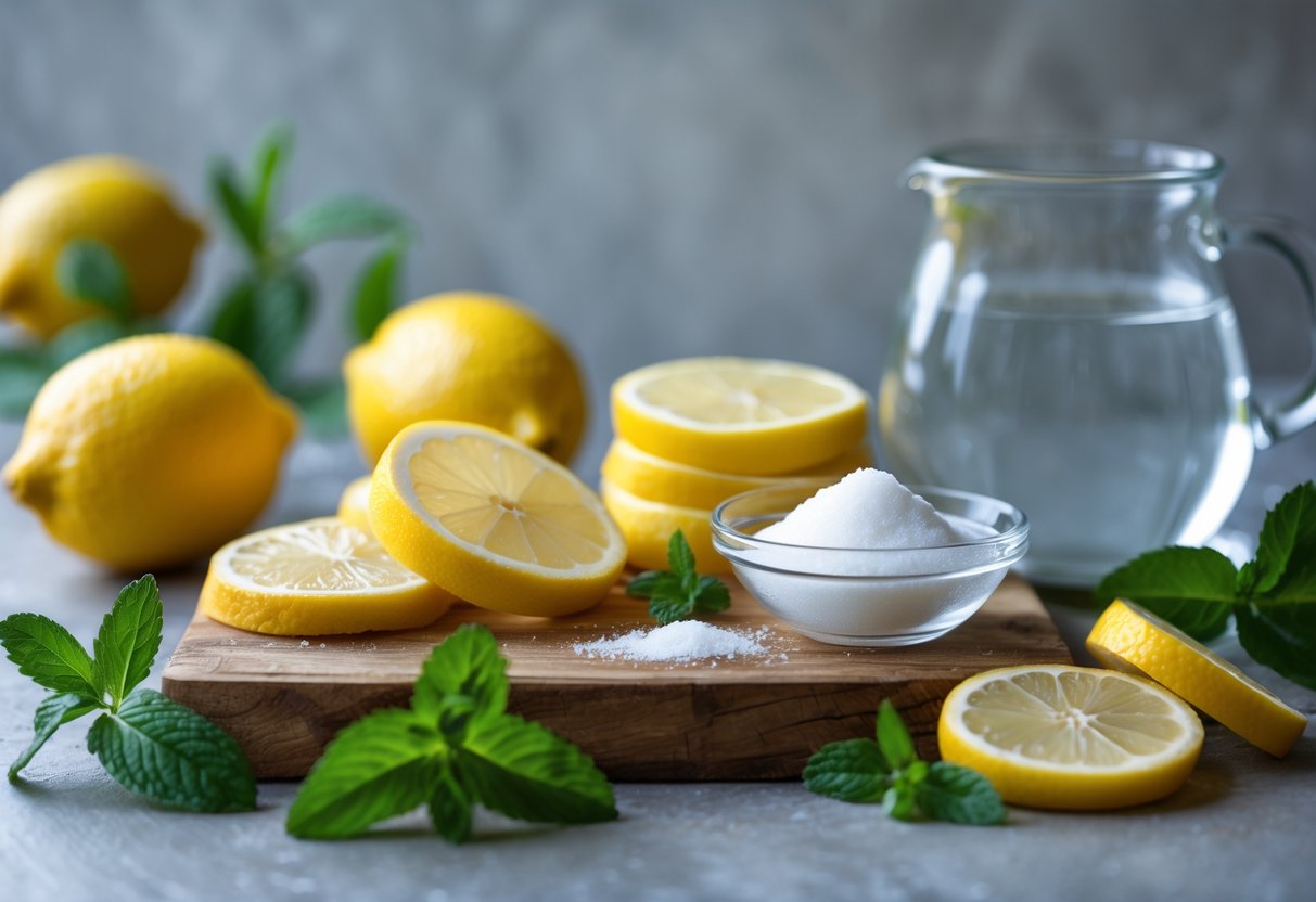Fresh Sicilian lemons, lemon slices, sugar in a bowl, water in a glass pitcher, and mint leaves arranged on a wooden board.