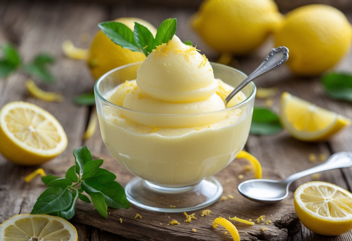 A bowl of pale yellow Sicilian lemon sorbetto with fresh lemons and leaves on a wooden table.