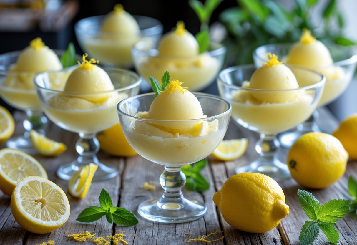 Several bowls of lemon sorbet with lemon slices, whole lemons, and mint leaves arranged on a wooden table.