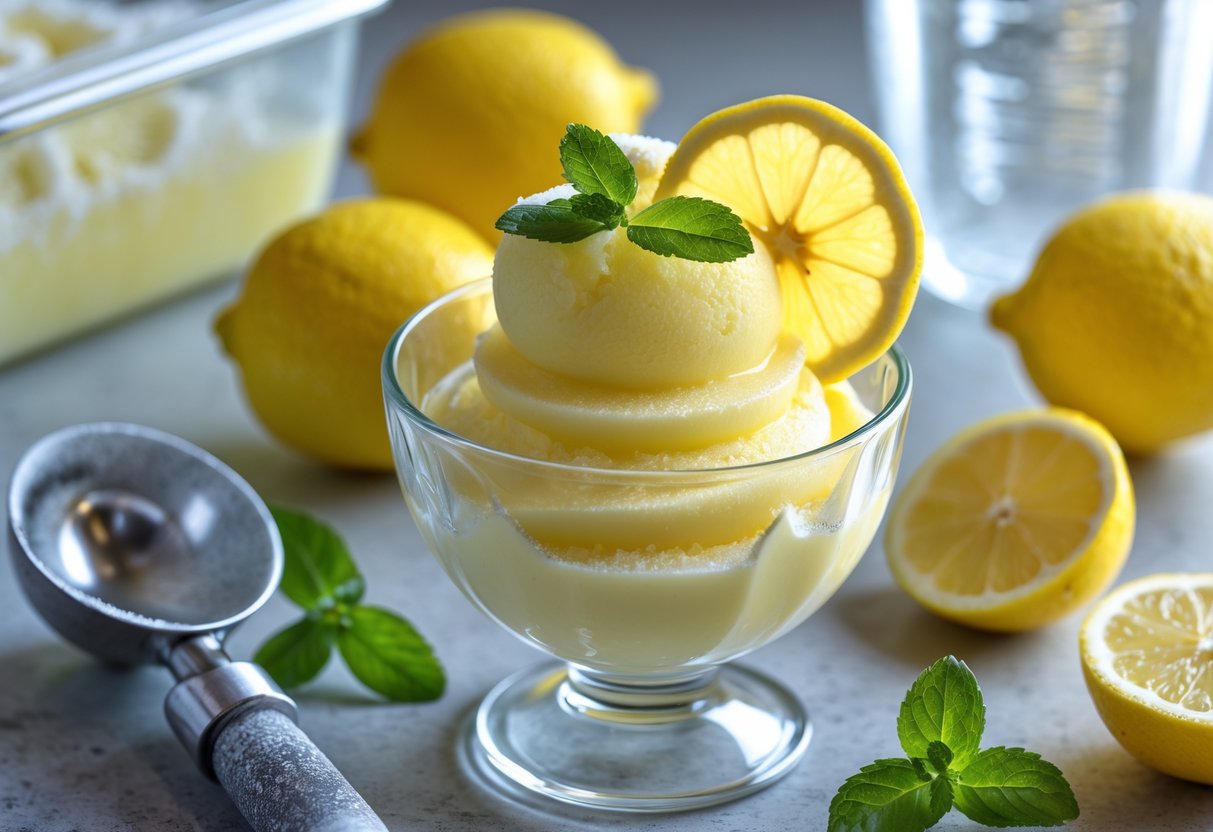 A glass bowl of bright yellow Sicilian lemon sorbetto garnished with a lemon slice and mint, surrounded by fresh lemons and a frost-covered ice cream scoop on a kitchen countertop.