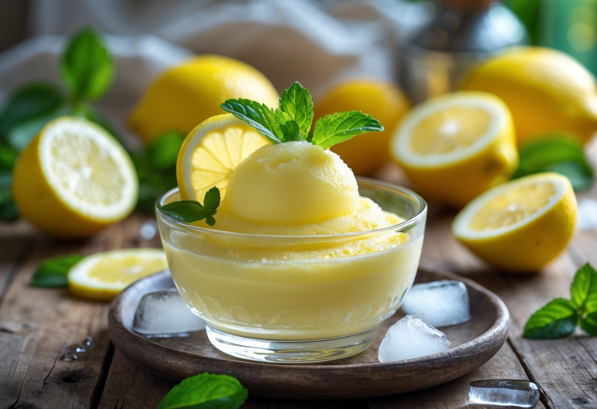 A bowl of yellow Sicilian lemon sorbetto garnished with lemon slices and mint, surrounded by fresh lemons on a wooden table.