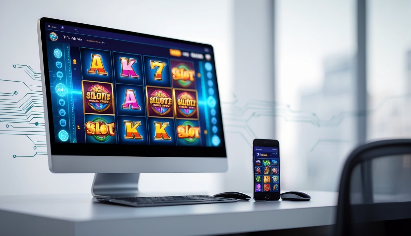Tampilan antarmuka platform slot online di komputer dan ponsel di atas meja dengan latar belakang teknologi minimalis.