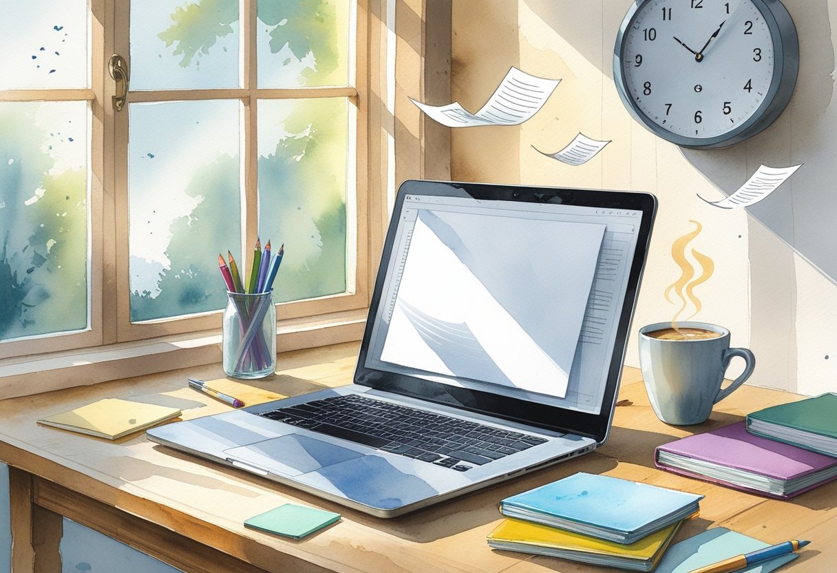 A workspace with a laptop, notebooks, coffee cup, and a clock showing time passing, suggesting focused and efficient writing.