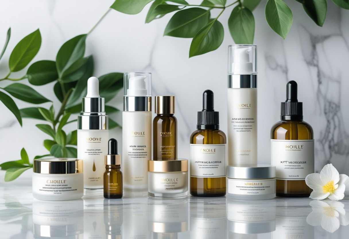 A collection of anti-aging skincare products arranged on a white marble surface with green leaves and a small white flower in the background.