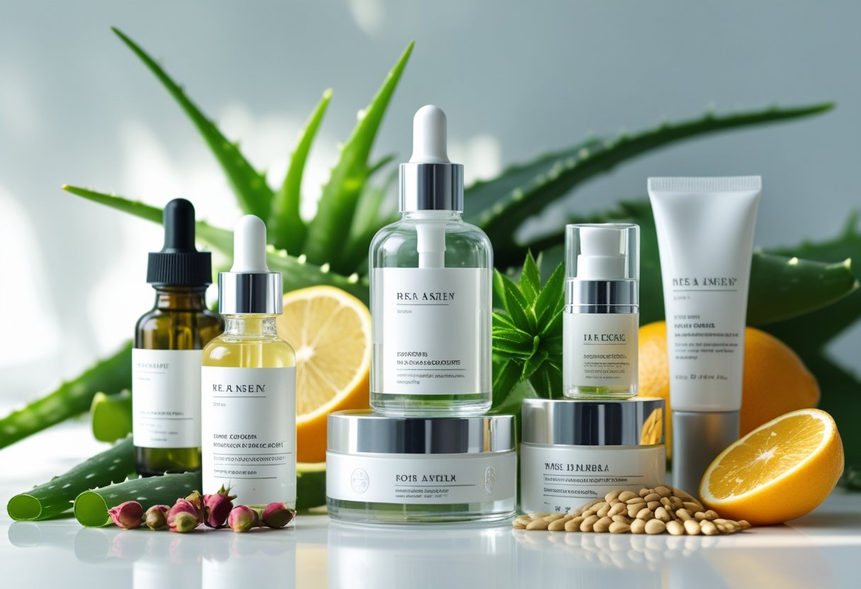 A collection of anti-aging skincare products displayed with natural ingredients like aloe vera leaves, rose hips, jojoba seeds, and citrus fruit slices on a white surface.