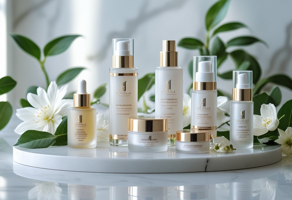 A collection of anti-aging skincare bottles and jars arranged on a white marble surface with green leaves and white flowers around them.