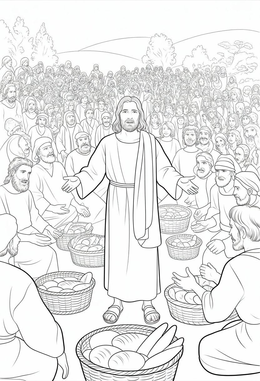 Christian Coloring Pages for Kids: 20 Inspirational Designs to Inspire Faith 28 Jesus standing and distributing bread and fish to a large crowd of men, women, and children outdoors.