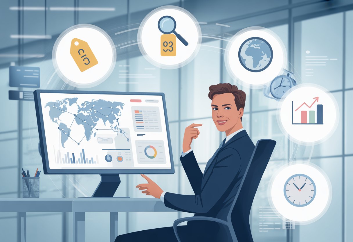 A person at a desk analyzing charts and digital icons related to domain name valuation in a modern office setting.
