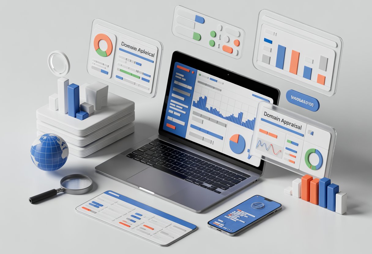 A workspace with a laptop, smartphone, and floating data charts representing tools for analyzing and valuing internet domains.