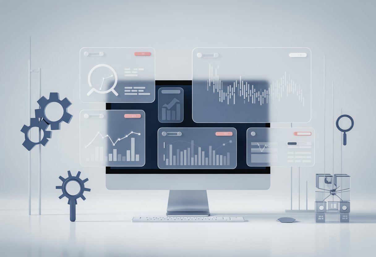 A digital workspace showing a computer screen with floating charts and icons representing automated domain valuation tools.