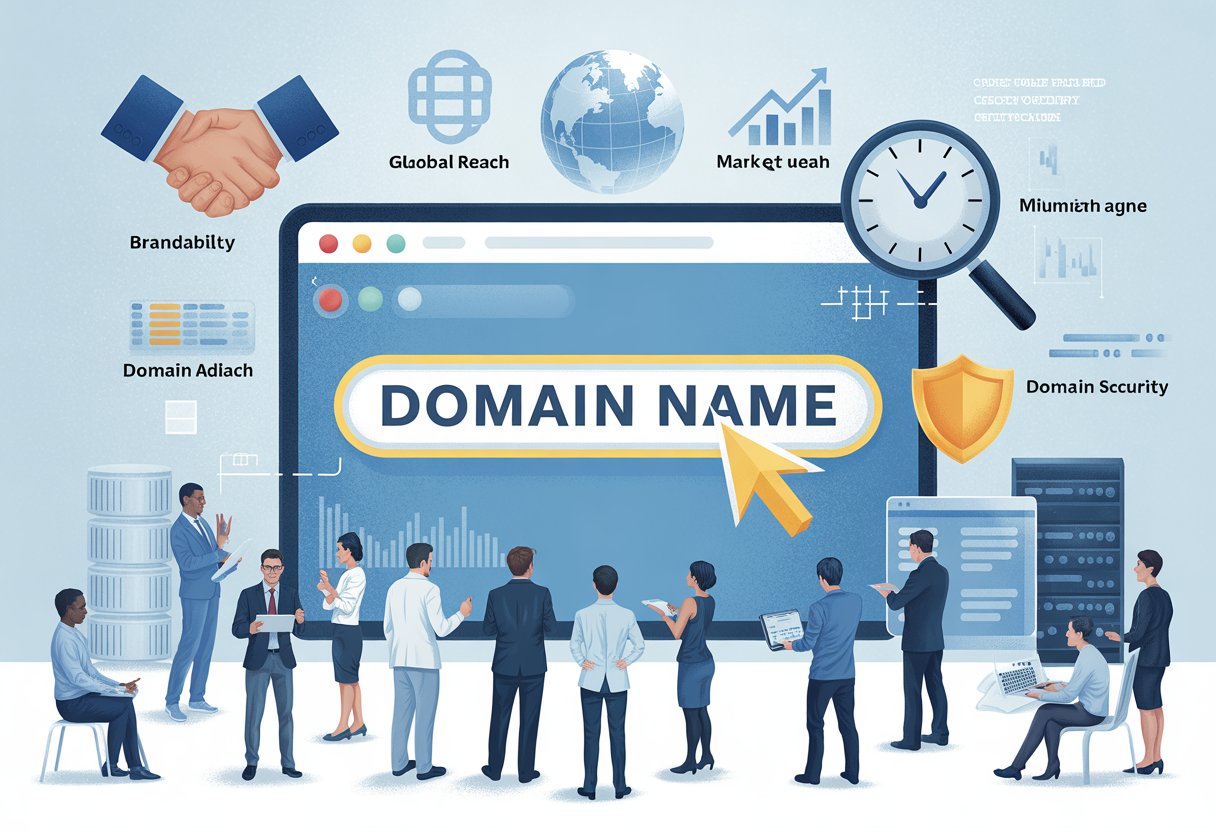 A group of professionals analyzing digital data and icons representing factors that affect the value of a domain name, with a large screen showing a website address bar and technology elements in the background.