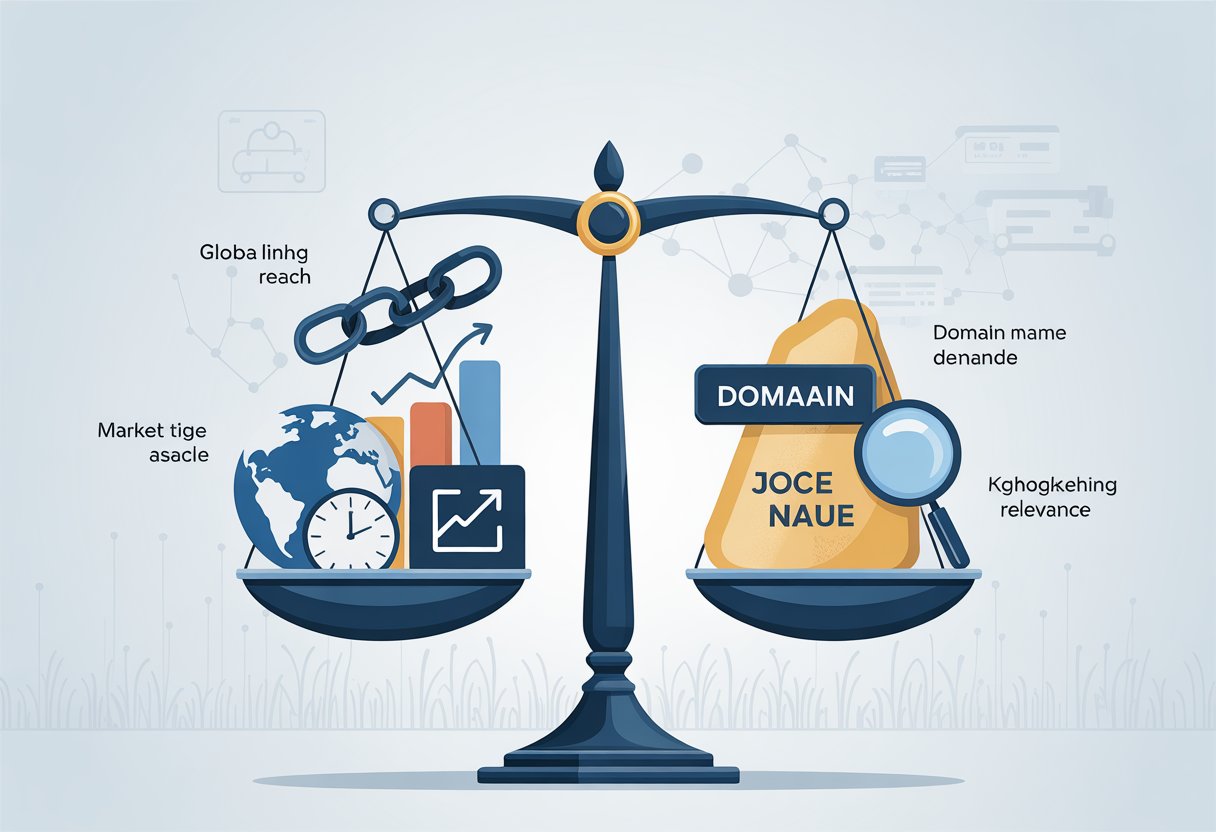 A balanced scale with icons representing factors that influence domain name worth, including global reach, backlinks, domain age, market demand, and keyword relevance, alongside a digital domain name badge.