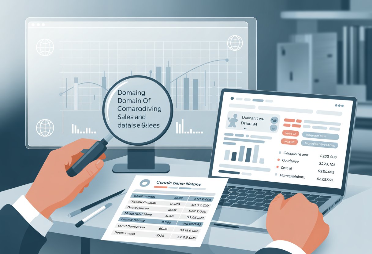 A desk with a laptop showing charts and graphs, printed data sheets, a magnifying glass focusing on domain names, and a digital screen displaying comparison charts of domain sales values.