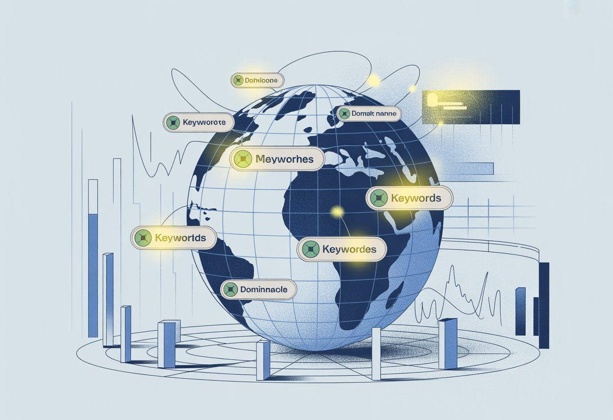 A globe surrounded by interconnected domain name icons linked to glowing keyword tags, with abstract data streams and charts in the background representing domain name value.