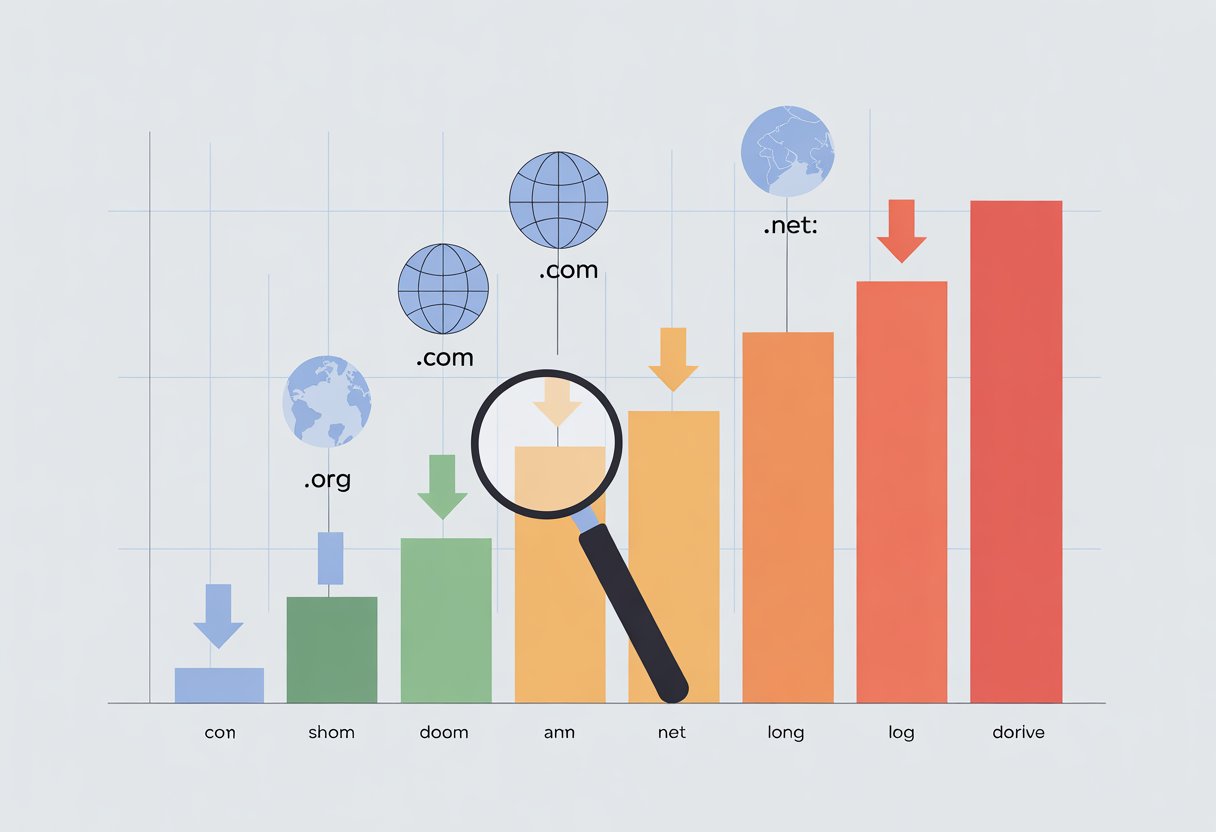 A bar chart showing how shorter domain names have higher market values, with colored bars decreasing in height as domain length increases.