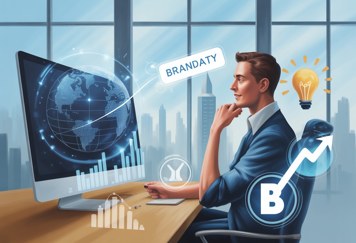 A businessperson analyzing digital charts and a glowing domain name symbol in a modern office with a city skyline visible through large windows.