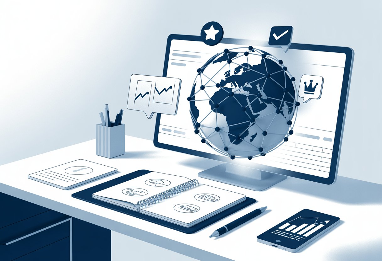 A modern desk with a computer showing a globe made of connected nodes, surrounded by icons representing trust, quality, and communication, with office items and upward graphs nearby.
