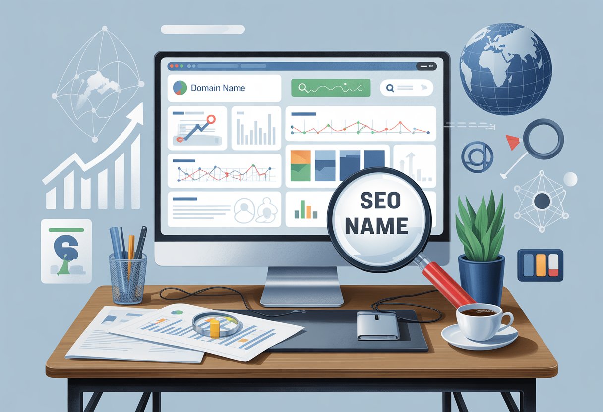 A workspace with a computer showing charts and graphs analyzing a domain name, with a magnifying glass on a URL and symbols representing SEO and internet connections.