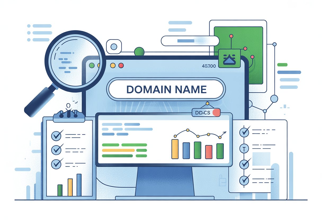 A workspace with a computer screen showing domain name analytics, a magnifying glass, and SEO evaluation symbols representing the assessment of a domain's SEO potential.