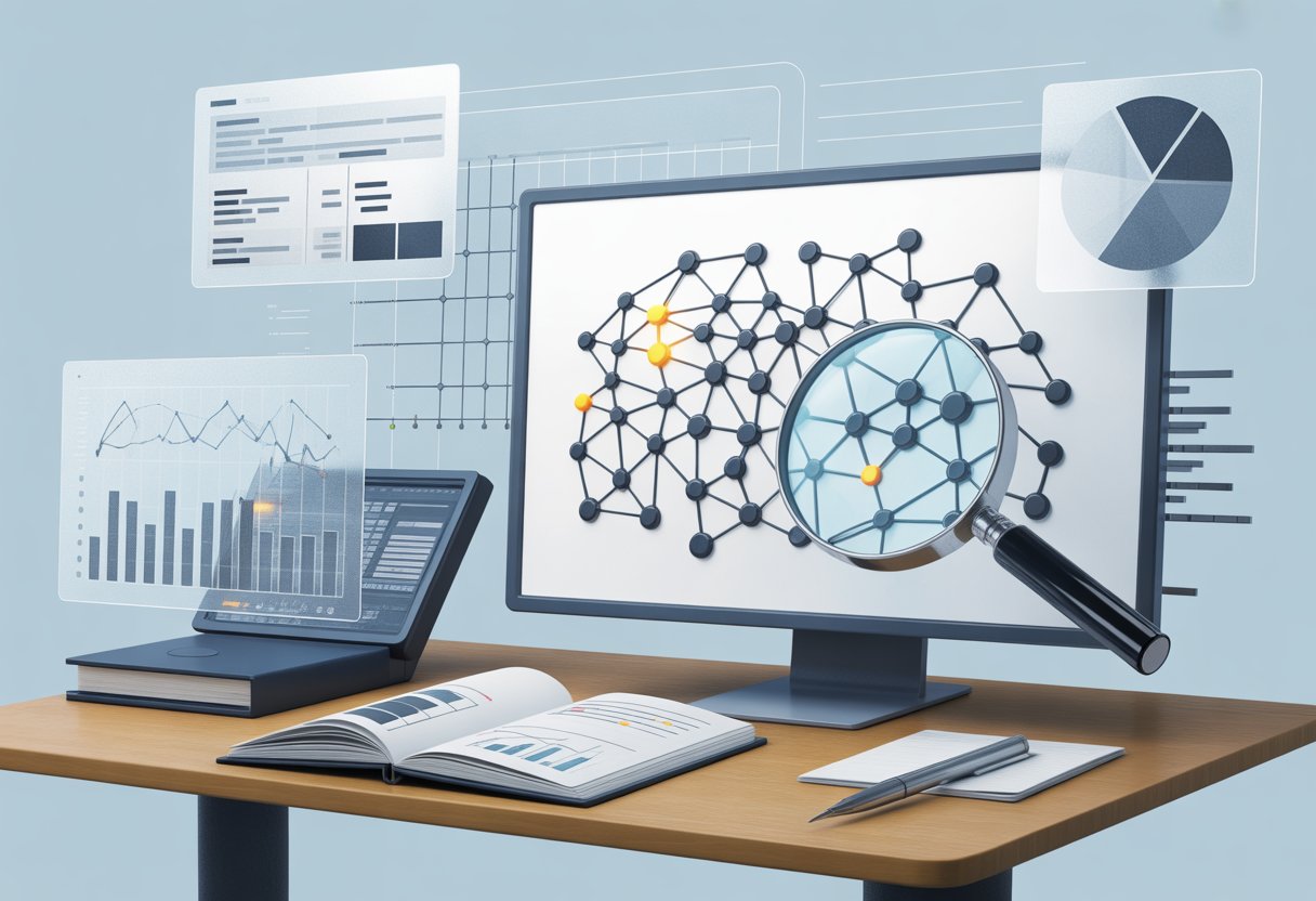 A desk with a computer showing a network of connected nodes representing backlinks, with charts and a magnifying glass nearby.