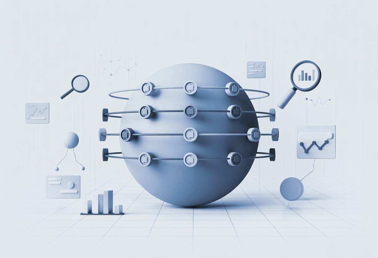 An illustration showing a globe surrounded by interconnected nodes and chains representing backlinks, with floating icons of magnifying glasses and data charts indicating analysis.