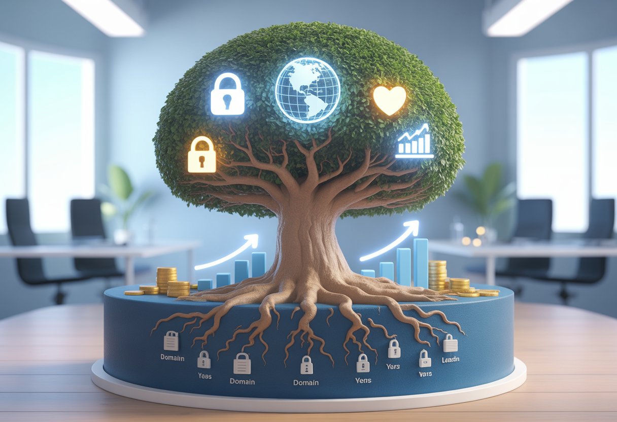 A large tree with deep roots and glowing digital symbols on its branches, surrounded by coins and upward arrows, representing the growth and value of a domain over time.