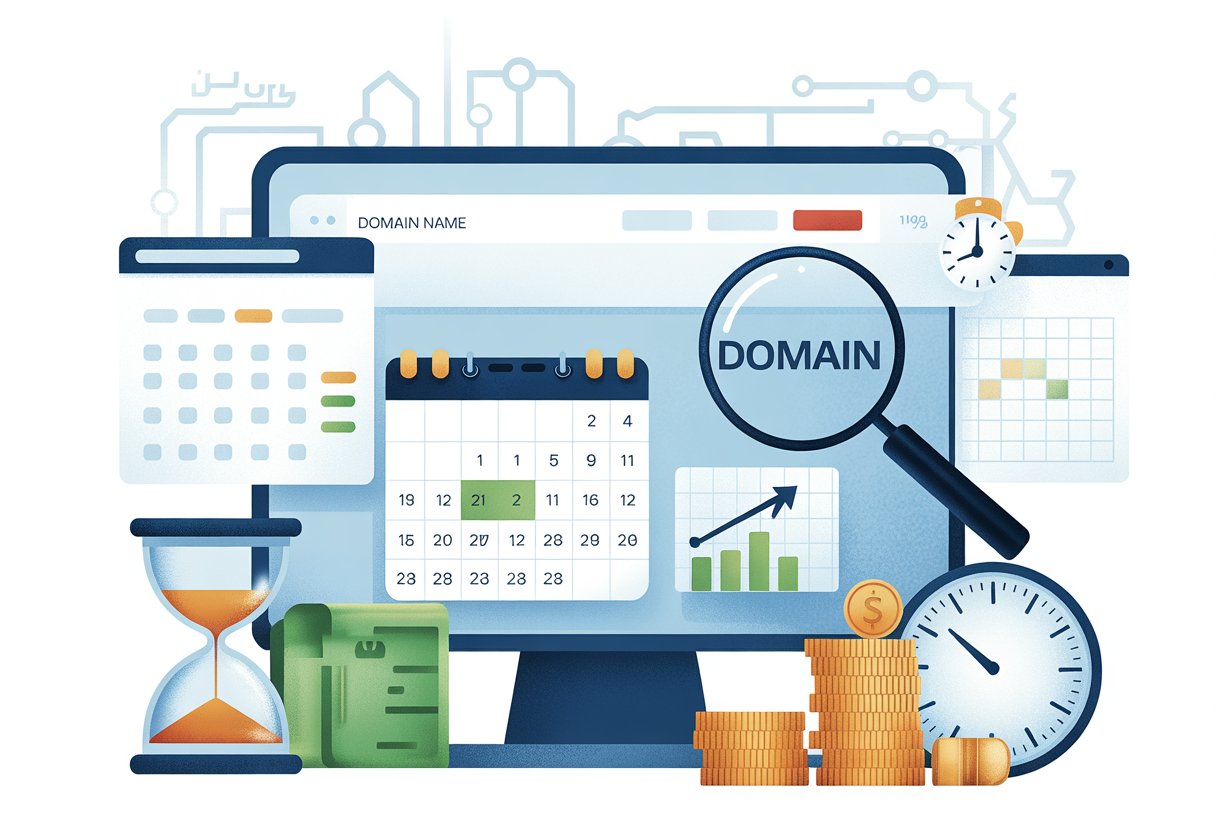 A workspace showing a computer screen with a website dashboard, a calendar, a magnifying glass over a domain name, a clock, and stacks of coins representing the connection between domain age and its value.