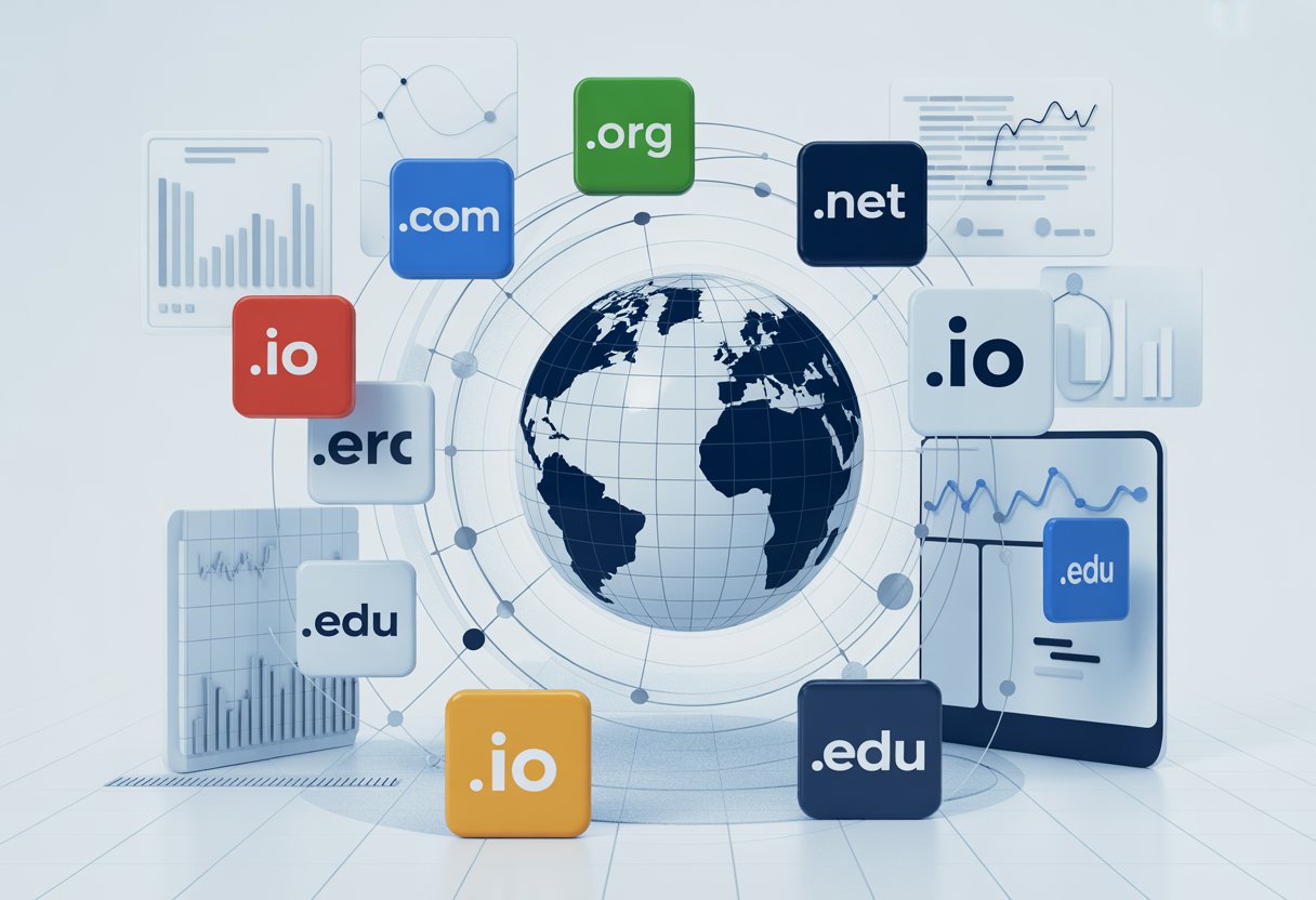 A globe surrounded by various colorful domain extension icons connected by lines, with faint graphs and charts in the background representing domain types and valuation.
