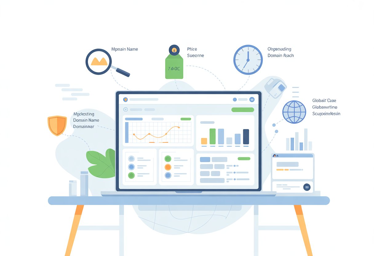 A desk with a laptop showing charts and graphs about domain names, surrounded by icons representing price, age, global reach, and security.