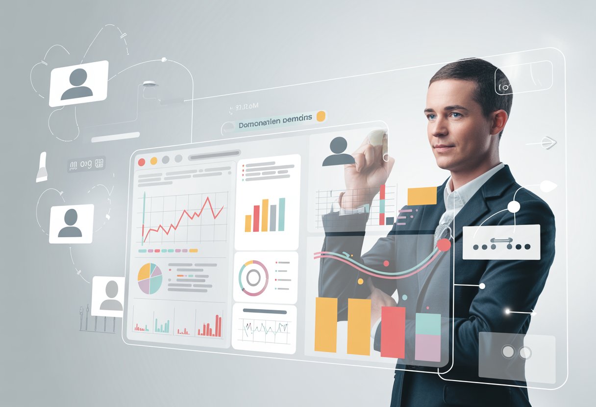 A business professional analyzing colorful traffic data charts and domain icons on a large transparent digital dashboard.