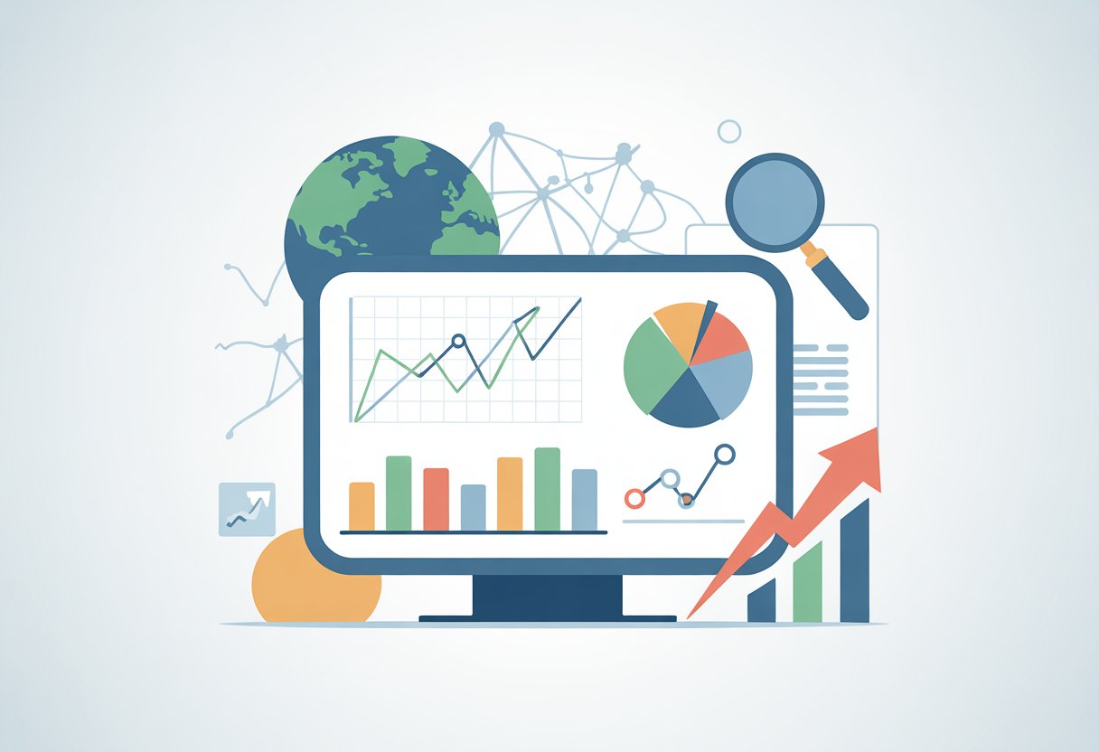 A computer monitor showing colorful charts and graphs with icons of a globe, magnifying glass, and upward arrows surrounded by abstract network lines representing web traffic and data analysis.
