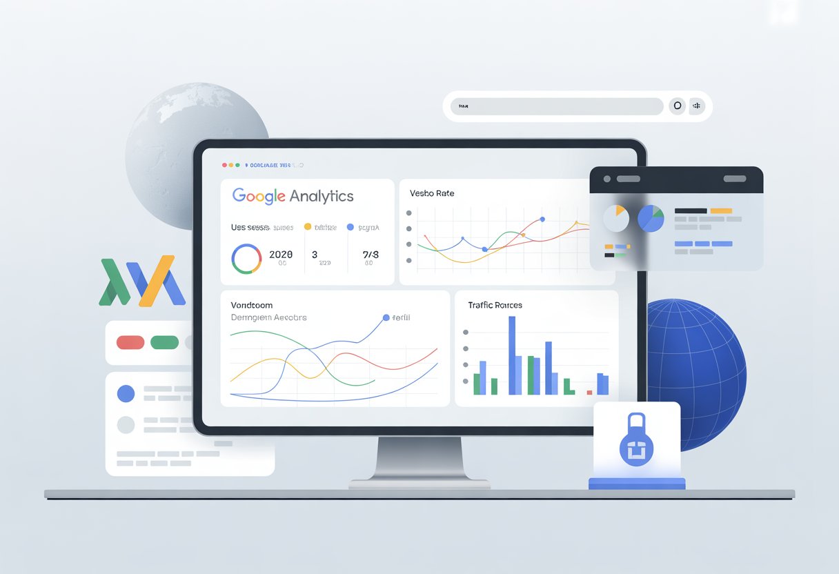 A workspace with a computer monitor showing data charts and graphs related to website analytics and domain value assessment.