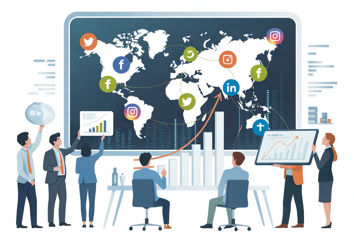 Business professionals analyzing digital charts and social media icons connected on a world map in a modern office setting.