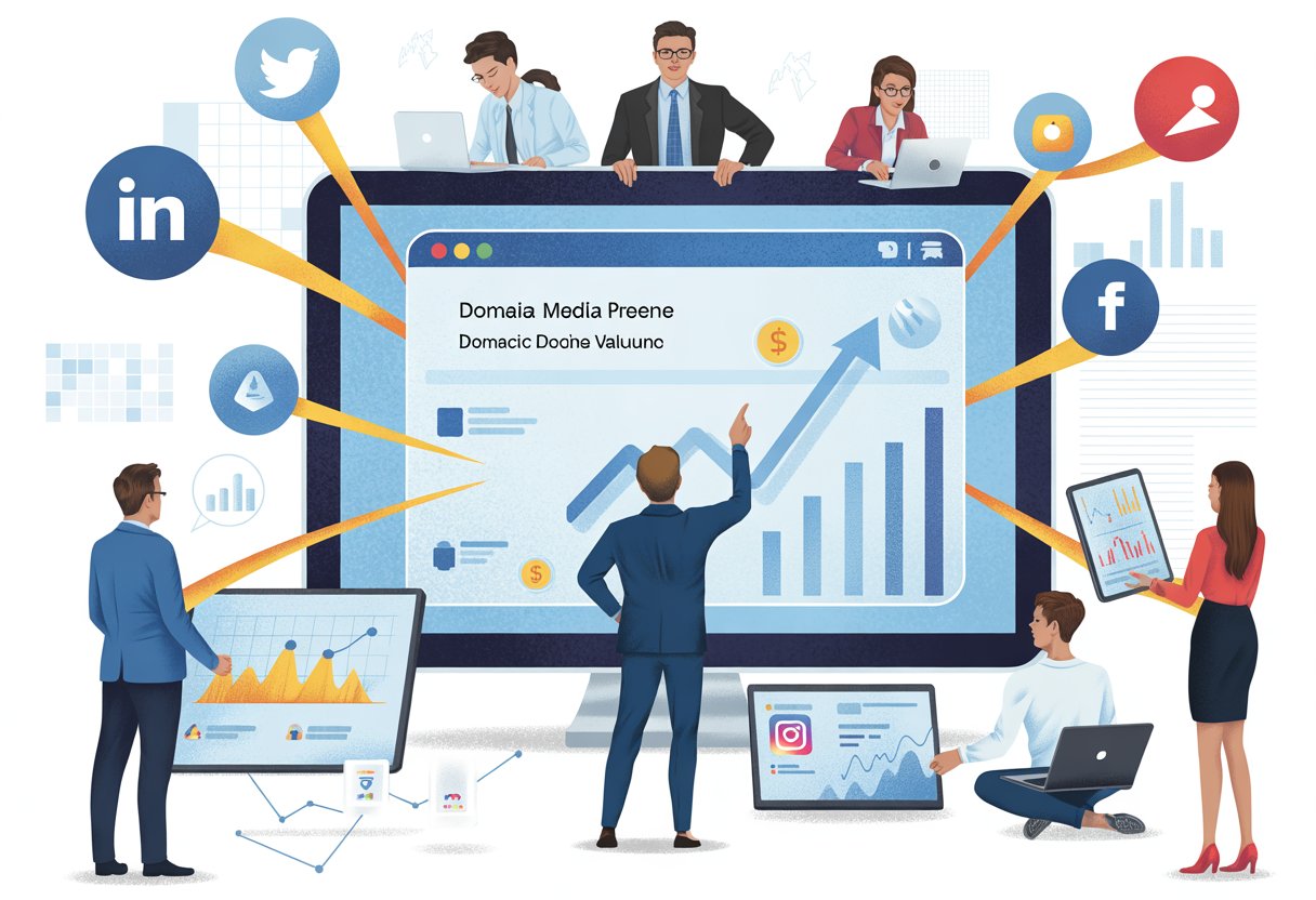 A group of business professionals interacting with a large digital screen showing domain valuation charts surrounded by floating social media icons connected by glowing lines.