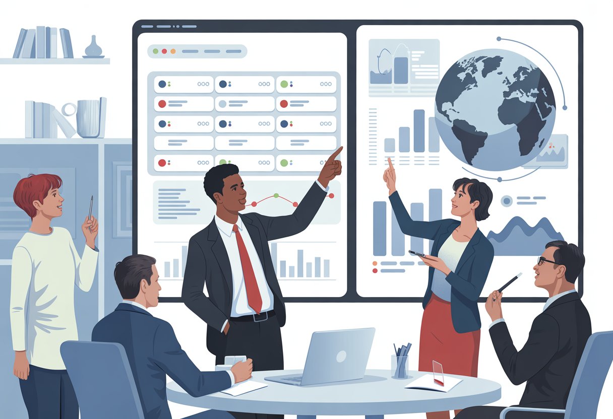 A group of business professionals analyzing charts and domain name data on digital screens in a modern office.
