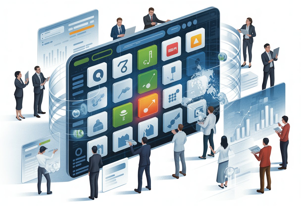 A group of professionals analyzing floating digital domain name icons and data charts in a futuristic marketplace setting.