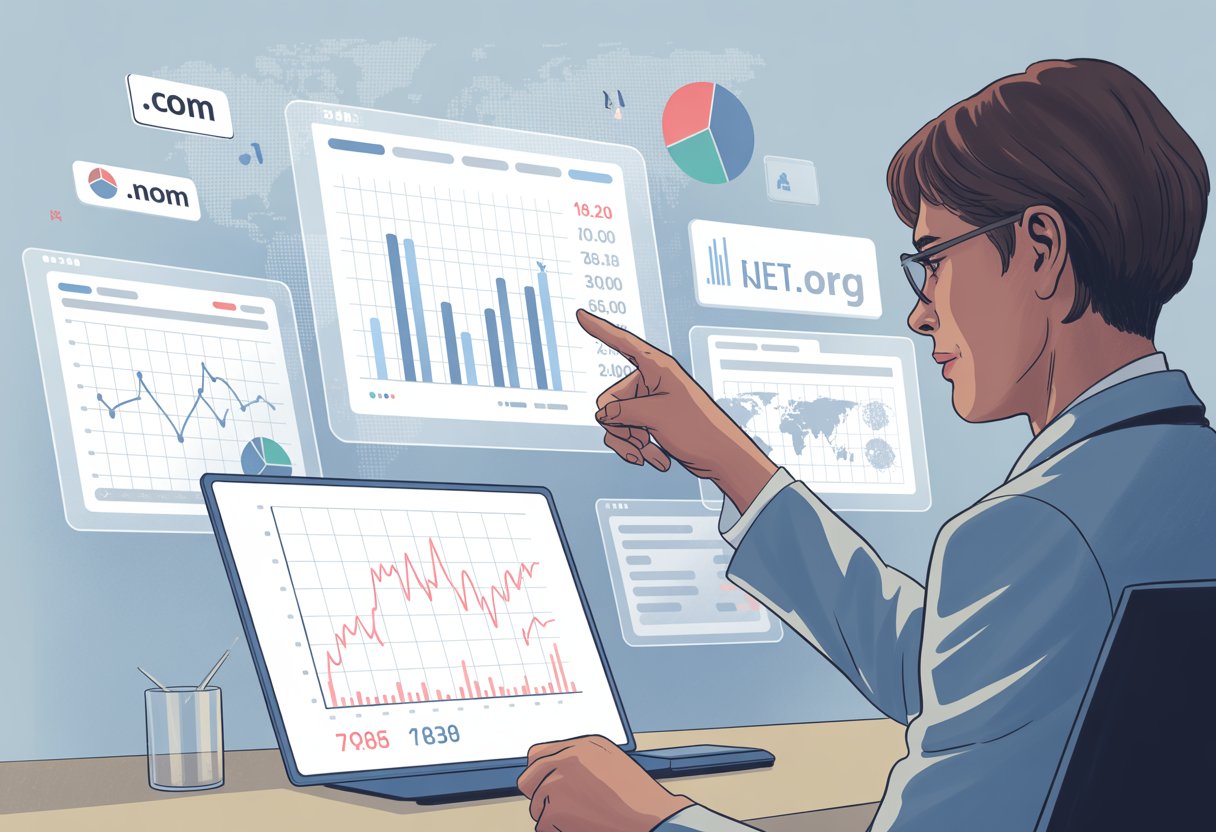 A business analyst in an office reviewing digital screens showing charts and data about domain auctions and market trends.