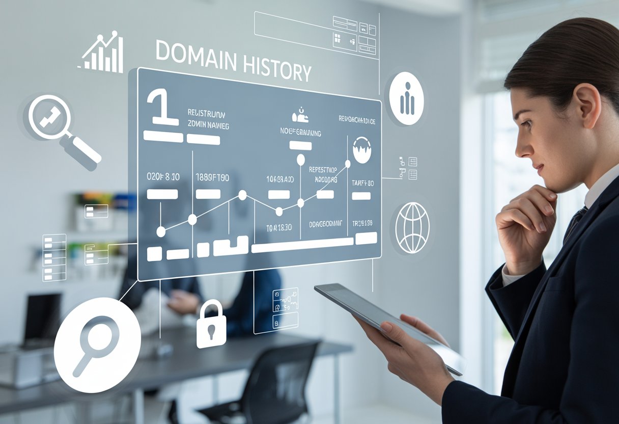 A business professional examines a digital timeline showing key events of domain history with icons representing value factors in a modern office setting.
